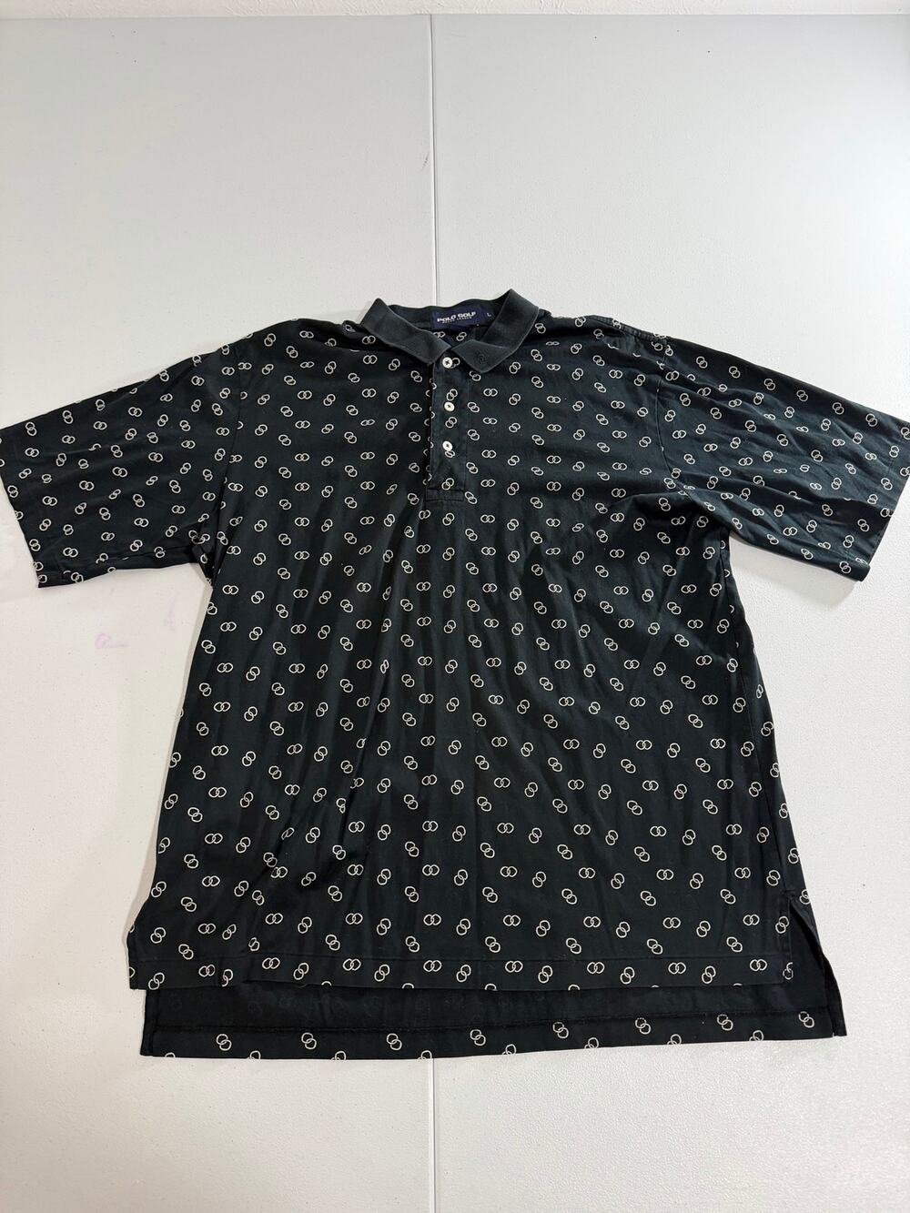 Polo Golf Ralph Lauren Polo Mens L Black Interlocking Rings Print 100% Cotton
